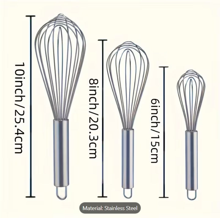 3 Piece Stainless Steel Whisk Set - 8", 10", 12" | Cooking With Greens