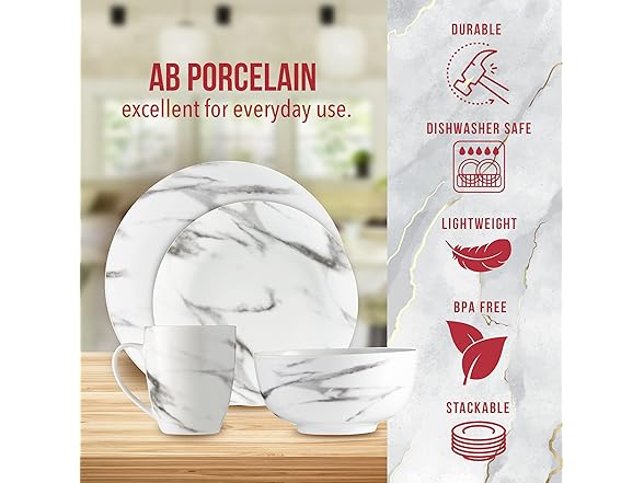 16-Piece Marble Dinnerware Set, Porcelain, White