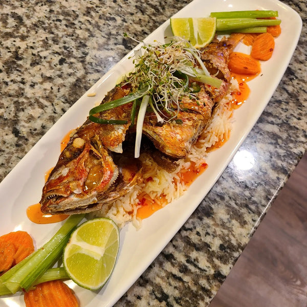Deep fried Snapper Thai style with Thai fish sauce
