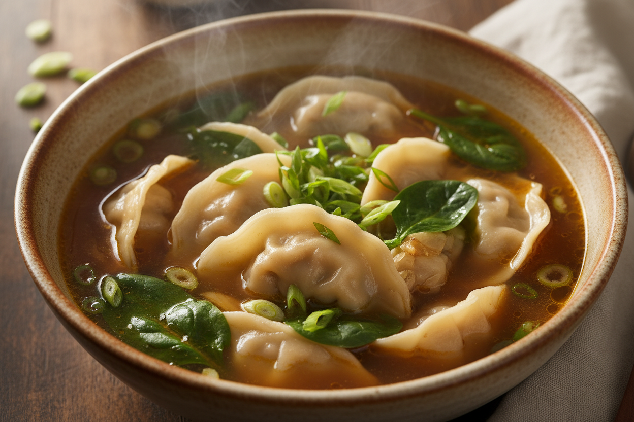 Bowl of dumpling soup with spinach, carrots, and green onion garnish