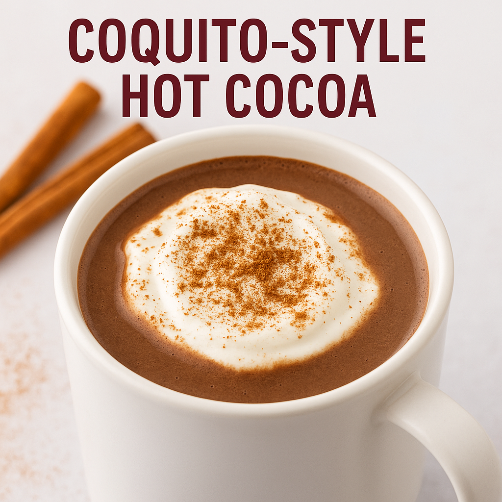 Coquito style hot cocoa in a mug topped with whipped cream and cinnamon