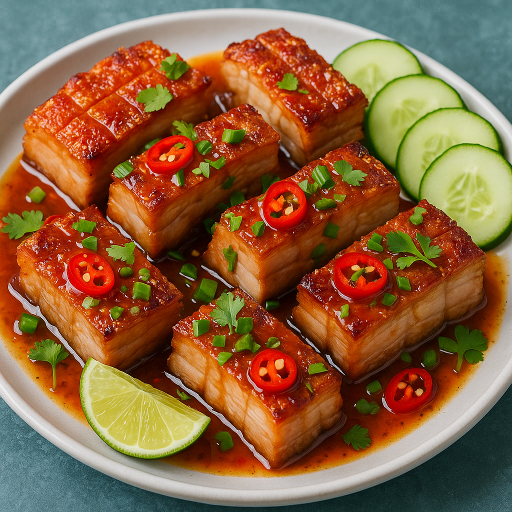 Crispy air fryer pork belly sliced and drizzled with Thai sweet chili fish sauce glaze