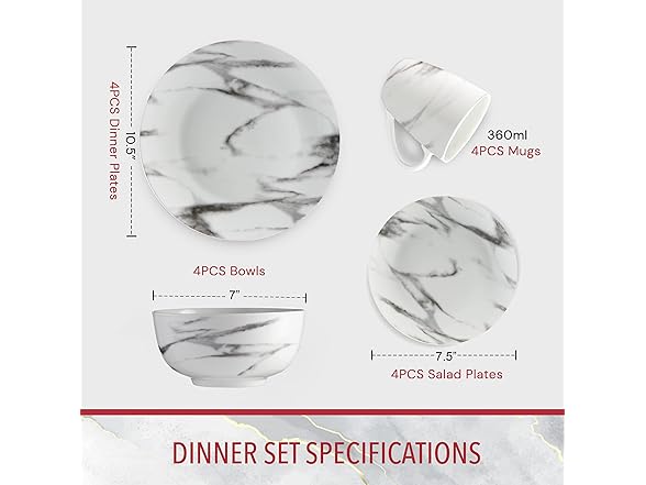 16-Piece Marble Dinnerware Set, Porcelain, White