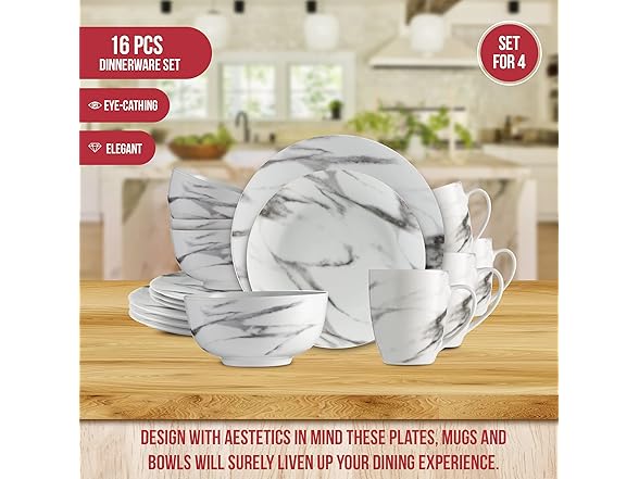 16-Piece Marble Dinnerware Set, Porcelain, White