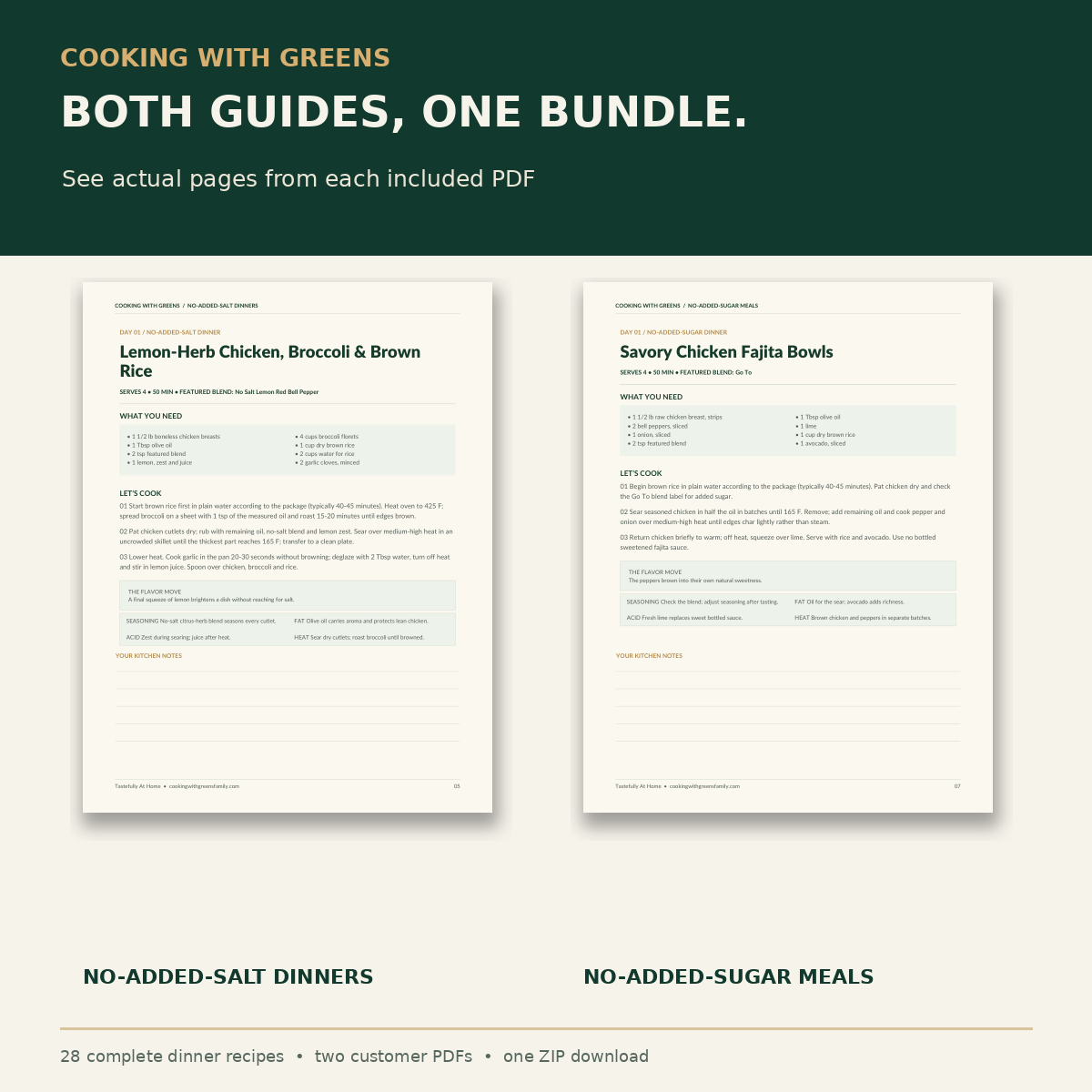 Inside both Flavor First digital cookbooks showing original recipe pages