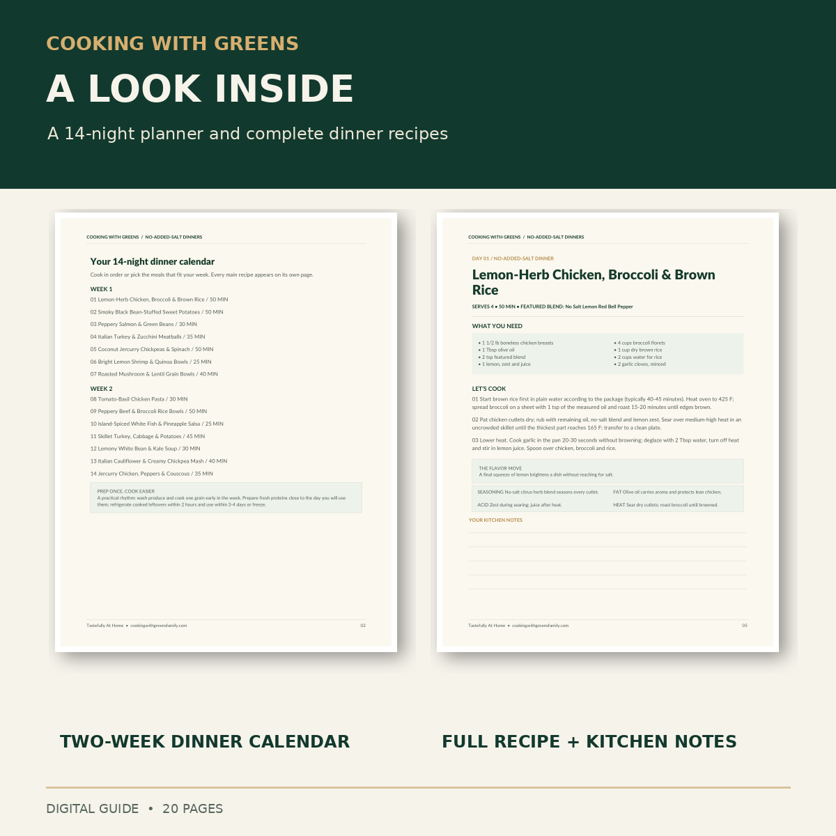 Actual interior pages showing two-week dinner calendar and a complete Flavor First no-added-salt recipe