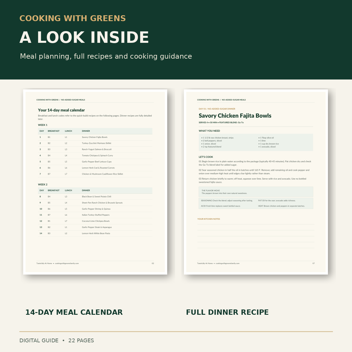 Actual Naturally Flavorful interior pages showing fourteen-day meal calendar and a complete no-added-sugar dinner recipe